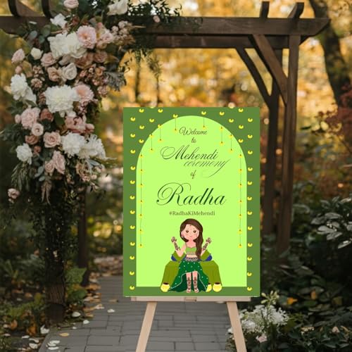 Party Perfect Designs Mehndi Welcome Board, Personalised Name & Date, Multiple Design & Colour Options, 3mm and 5mm Thickness (Mehndi Neon Green)