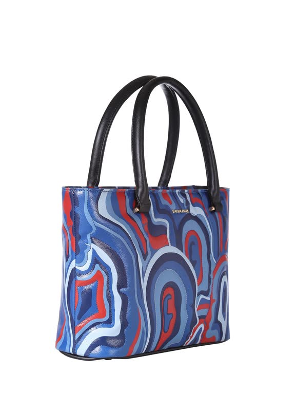 Satya Paul Blue Cobalt Ligh Blue PU Printed Tote Handbags for Women