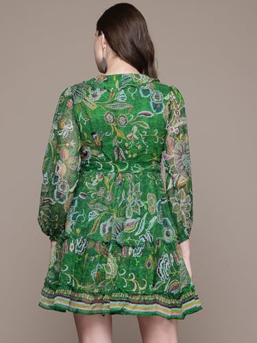 Label RITU KUMAR Green Alanna V Neck Short Dress with Belt