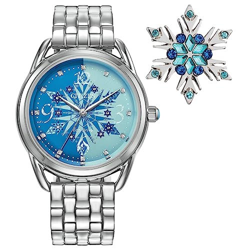 Citizen Women's Eco-Drive Disney Princess Frozen Crystal Analog Watch And Pin Gift Set In Silver Stainless Steel Watch, Blue Dial (Model: Fe7091-61W), Silver, Silver, Bracelet