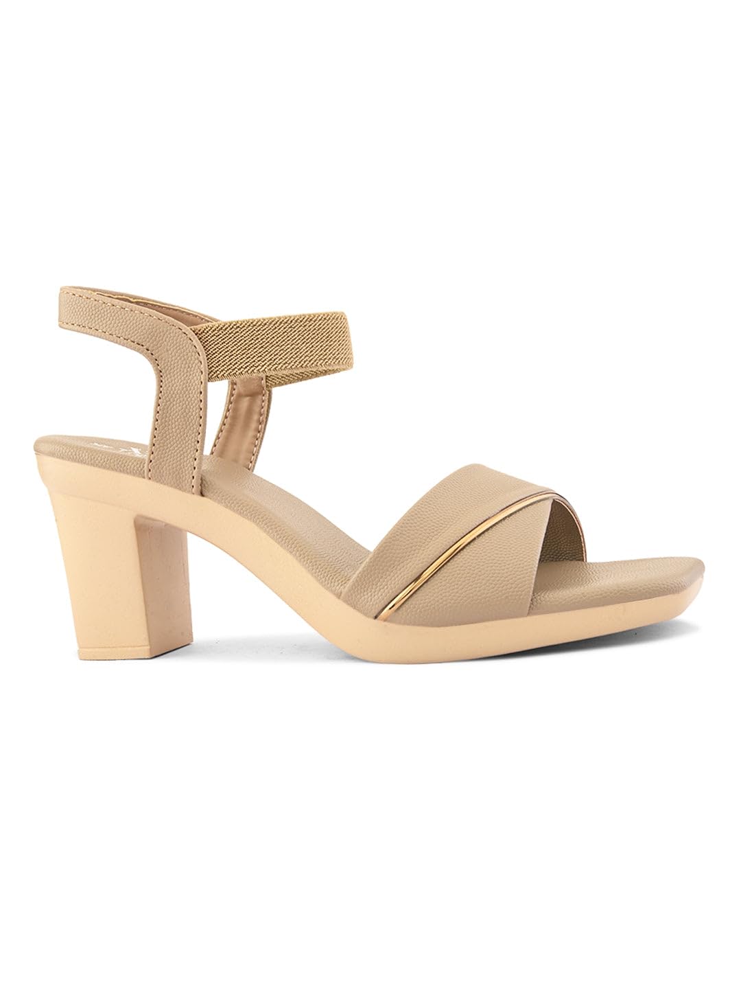 XE Looks Beige Wide Front Strap with Gold Accent | Stylish Textured Finish | Cushioned Footbed | Block Heel Sandal For Girl & Women