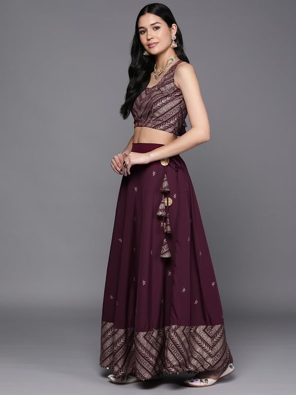Ahalyaa Women's Polyester Lehenga Choli (AHBLDUSK-COMBO-649-SS-25_Wine_M)
