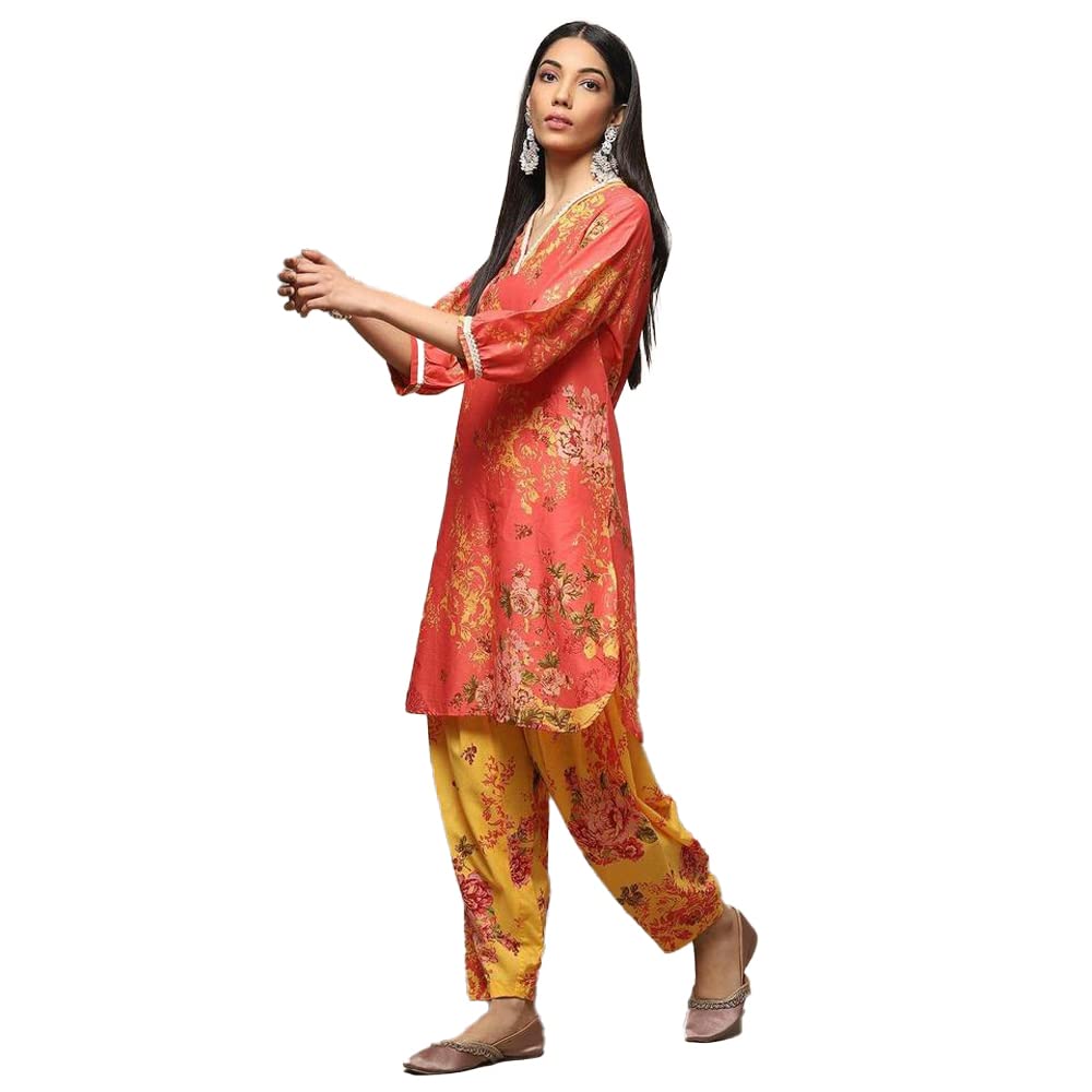 BIBA Cotton Women's Printed Relaxed Salwar Kurta Dupatta(Skdlounge I8546_Coral_34)