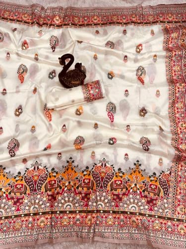 SWORNOF Women's kanjivaram banarasi silk saree for Patola festival Wedding silk with rich pallu Design sarees for women with blouse piece (WHITE2)