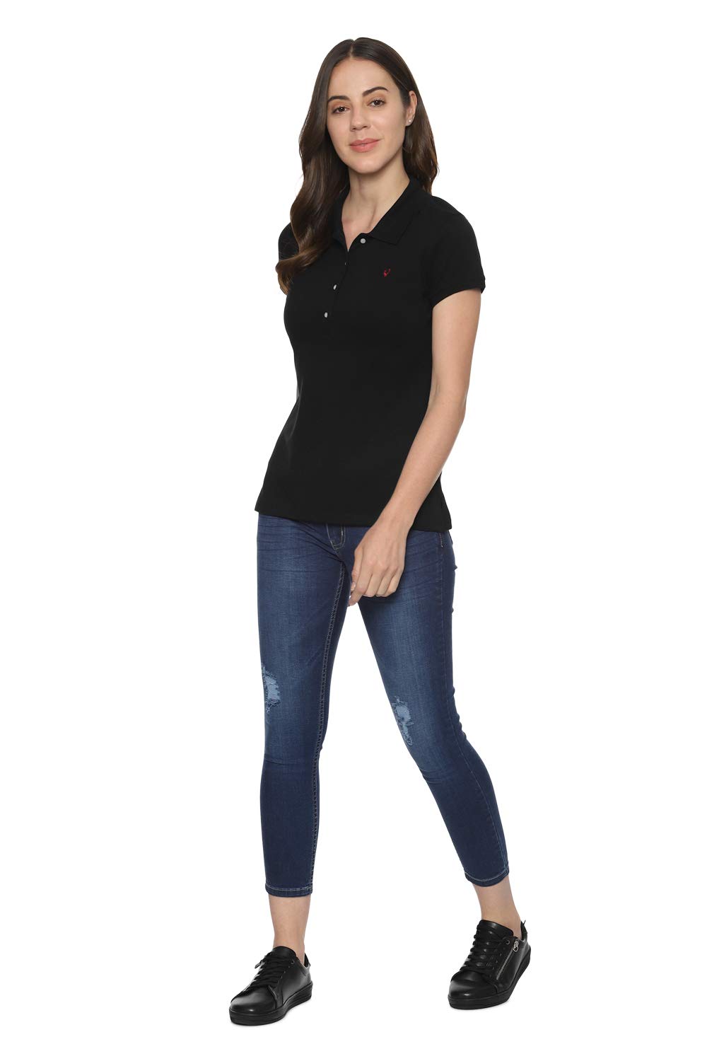 Allen Solly Women Black Solid regular fit T-Shirt(AHCTCRGFF25308_Black Solid_S)