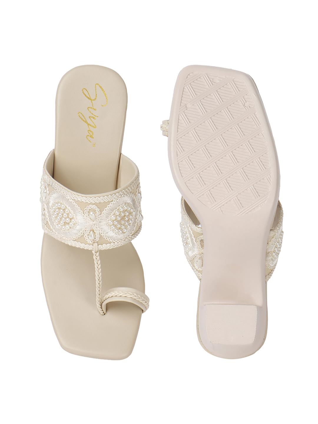 Handcrafted Embroidered Toe-Loop Women Sandals with Block Heel and Pearl Detailing for Ethnic, Festive, and Occasion Wear (Cream, UK Footwear Size System, Adult, Women, Numeric, Medium, 6)