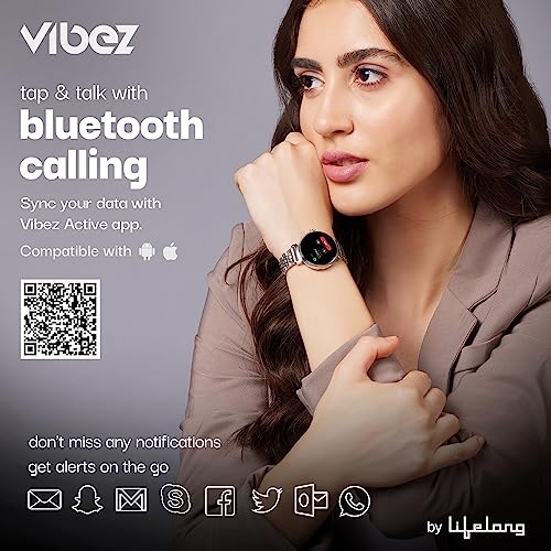 Vibez by Lifelong Ruby 1.04" AMOLED Smartwatch for Women with Metal Strap, Bluetooth Calling, 60 Hz, Voice Assistance, Female Cycle Tracker, IP68, Health Monitor(Silver, VBSW2205)