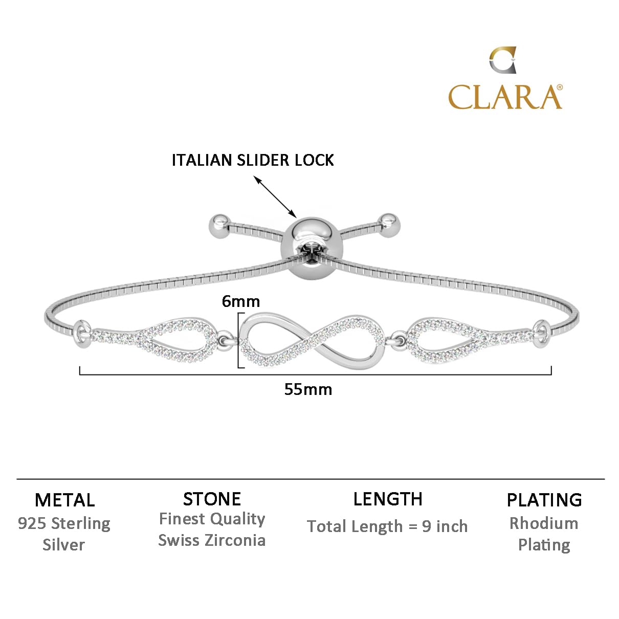 Clara 925 Pure Silver Stone Infinity Hand Bracelet | Adjustable, Anti Tarnish, Swiss Zirconia | Gift for Women and Girls