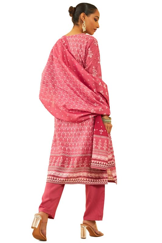 Soch Womens Onion Pink Cotton Blend Print With Embroidered Suit Set With Schiffli