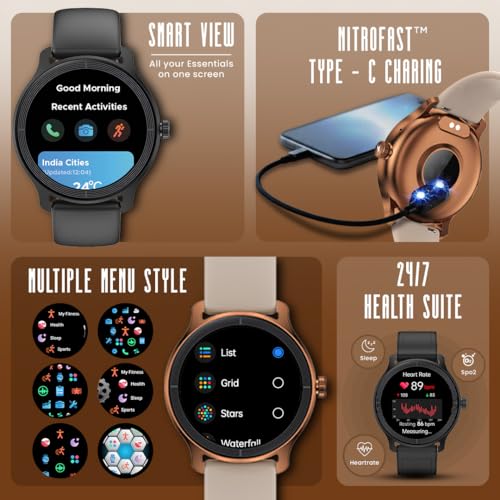Fastrack Sleek 1.32" AMOLED 42mm Round Display Smart Watch with Hybrid Strap, QR Hub, BT Calling, SPO2, Hotkey, Functional Crown, IP68 Water Resistant Upto, 5 Days Battery Life - Onyx Black