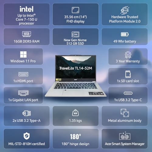 Acer 14 Professional Choice, Intel Core 7-150U, 16GB DDR5 RAM, 512GB SSD