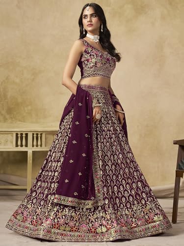 Zeel Clothing Women's Sequins and Thread Embroidered Work Georgette Lehenga Choli With Dupatta (5134-Women-Lehenga-Choli-Latest; Free size) (Maroon)
