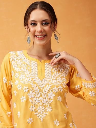 Ada Women Muslin Regular Hand Embroidered Lucknowi Chikankari Straight Top Tunic Short Kurti A911423 Yellow (XL)
