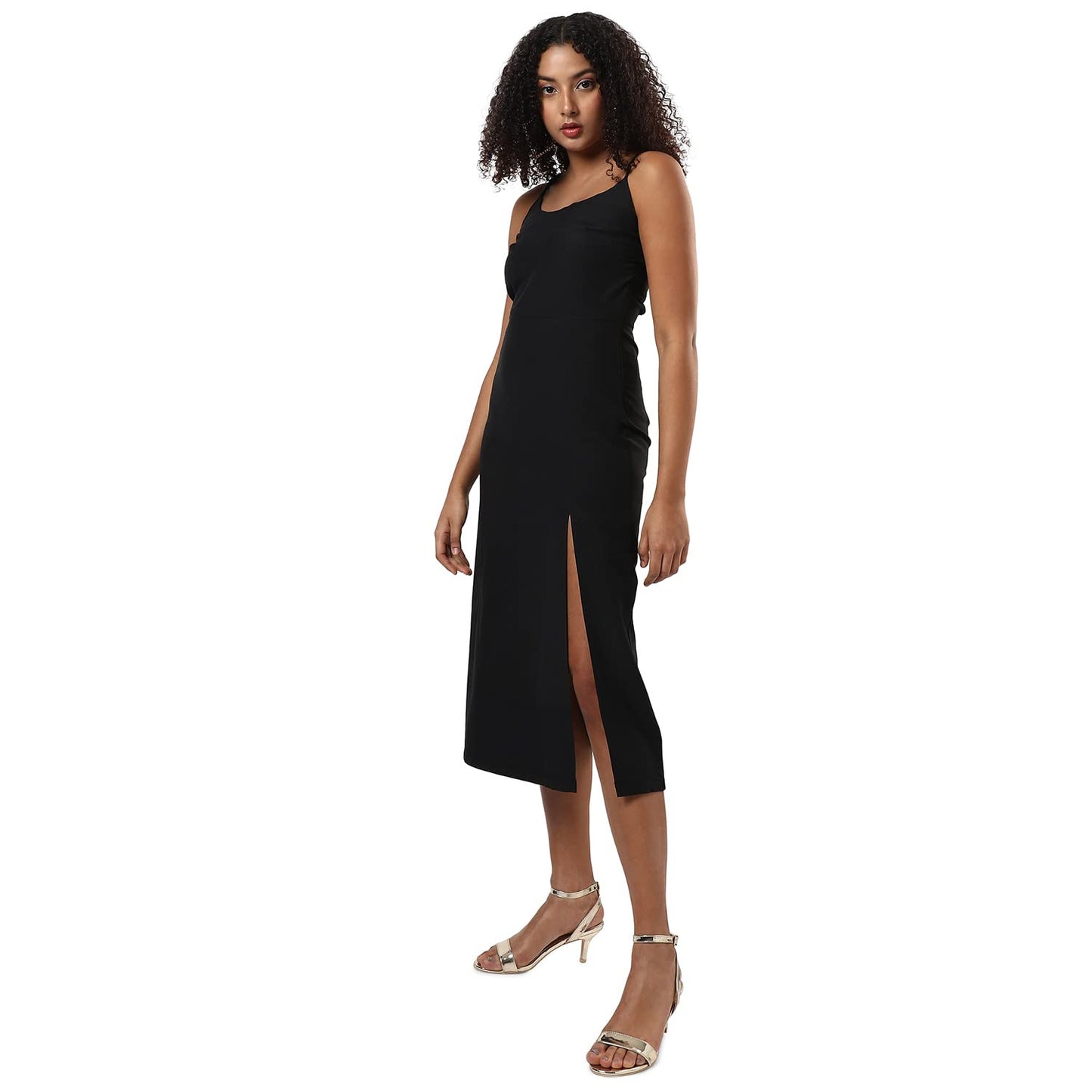 Campus Sutra Women's Solid Black Sleeveless Midi Length Regular Fit Dress for Casual Wear | Round Neck Dress Crafted with Comfort Fit and High Performance for Everyday Wear