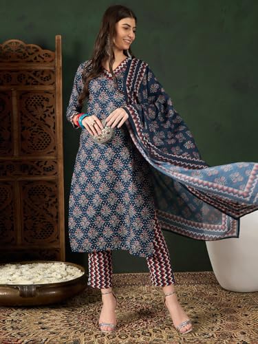 SHIENZY Cotton Blend V Neck Kurta Pant Set with Dupatta for Women | Women Kurta Pant Sets with Dupatta (1613_KBD-S)