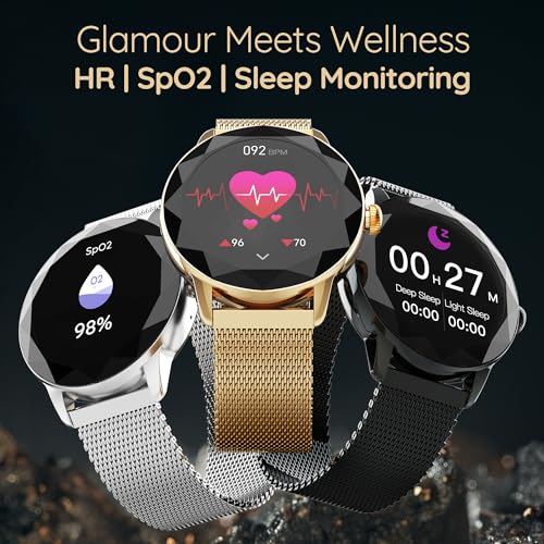 Pebble Vienna Smartwatch for Women with HD Display, Diamond-Cut Design, Glossy Metallic Finish, Mesh Metal Strap, Female Health Monitoring, DIY Watch Faces - Classic Gold