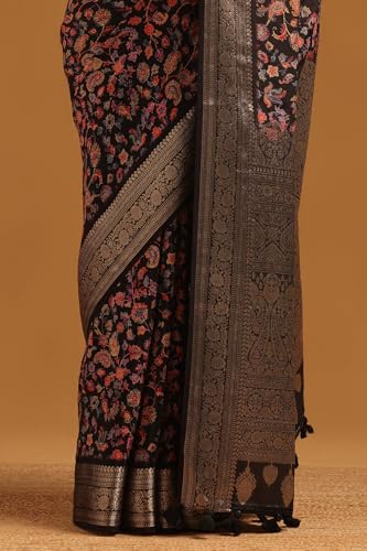 Soch Womens Black Silk Blend Botanical Saree