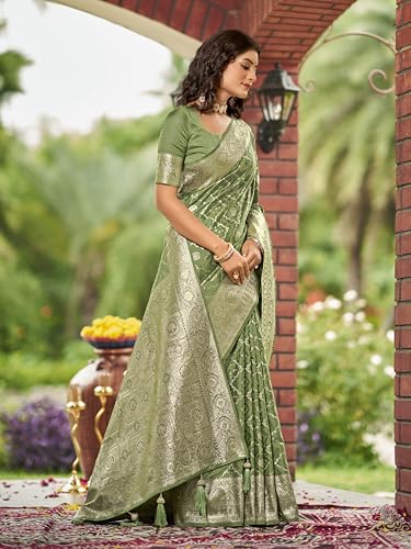 MANOHARI Women's Most Trendy Banarasi Satin Silk Woven Olive Green Saree With Heavy Jacquard Work Saree With Blouse Piece_MN2031