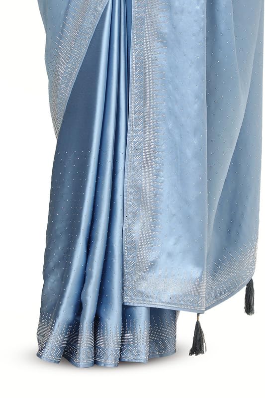 Soch Womens Powder Blue Satin Embellished Saree With Stone Work