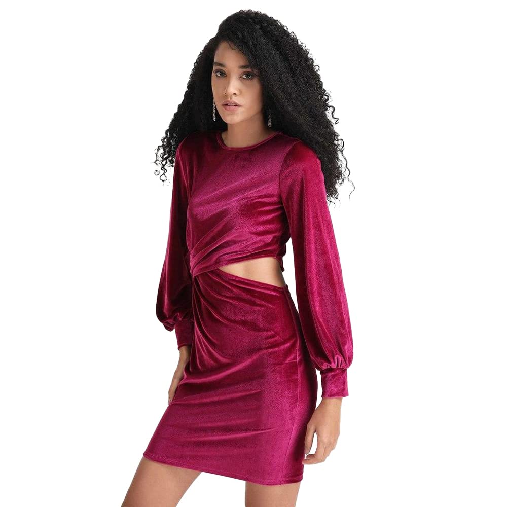 Kazo Crochet Velvet Round Neck Women's Mini Dress (Pink,Extra Small)