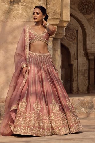 JIHU CULTURE Women’s Semi-Stitched Pink Fancy Silk Zari & Sequin Embroidered Lehenga Choli with Net Dupatta