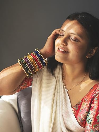 Taasha Craft Colourful Bangle Set with Rich Golden Ghungroo, Inspired from Kashmiri Bangles (Size: 2.8, 16 Bangle Set)