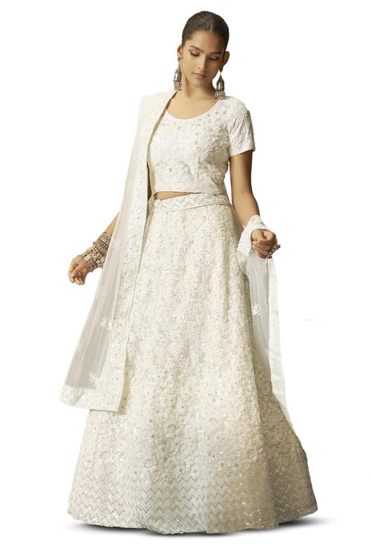 Soch Womens Cream Net Floral Embroidered Sequin Embellished Unstitched Lehenga Set