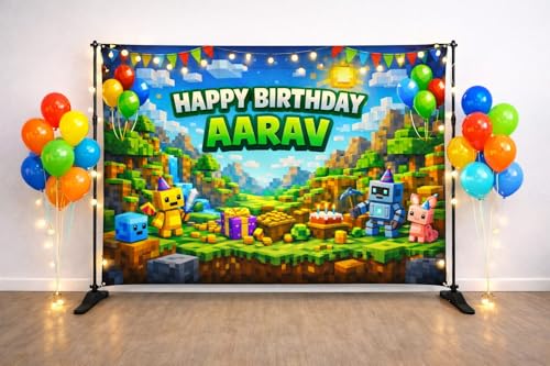 Personalised Pixel Block Birthday Backdrop for Kids | Custom Name Banner | Colorful Game-Inspired Theme Party Decoration | Star Flex Print | Multiple Sizes