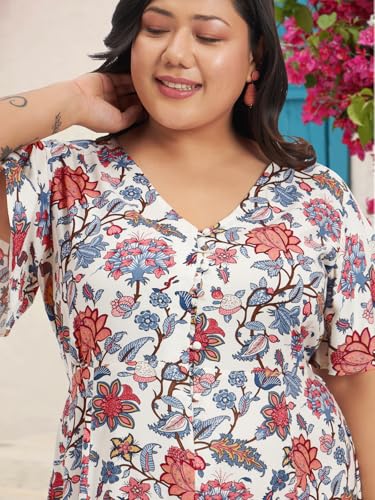 wild U Women Plus Size Western Dress | Floral Print | Midi | Rayon Fabric | Stylish (Off White Pink, Size: 6XL)
