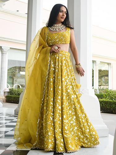 Zeel Clothing Women's Georgette Semi-Stitched Sequins Thread Embroidered Lehenga Choli With Dupatta (7084-Mehndi--Lehenga-Choli-Latest,Free size)