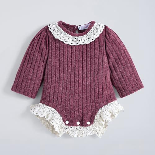 Hopscotch Girls Burgundy Full Sleeves Lace Embellished Onesie For Age (9-12 Months)