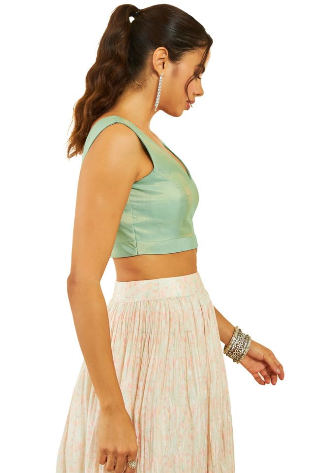 Soch Womens Sap Green Tussar V-Neck Back-Open Sleeveless Blouse