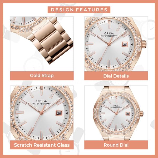 ORSGA Virtue Watches for Women Elegant Analogue Ladies Watches White Dial and Golden Stainless Steel Strap Diamond Wrist Watch Luminous Waterproof Minimalist Quartz Female Watches, Womens Gifts