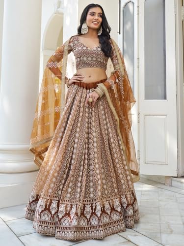 Zeel Clothing Women's Thread Sequins Work Embroidery Net Lehenga Choli with Dupatta (2132-Brown-Wedding-Women-Lehenga-Choli; Free Size)