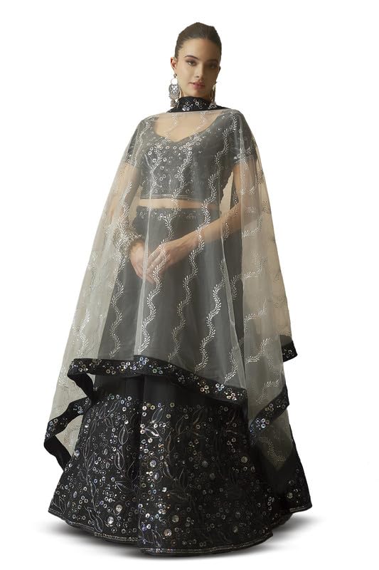 Soch Womens Black Georgette Botanical Pattern Sequin Embellished Unstitched Lehenga Set