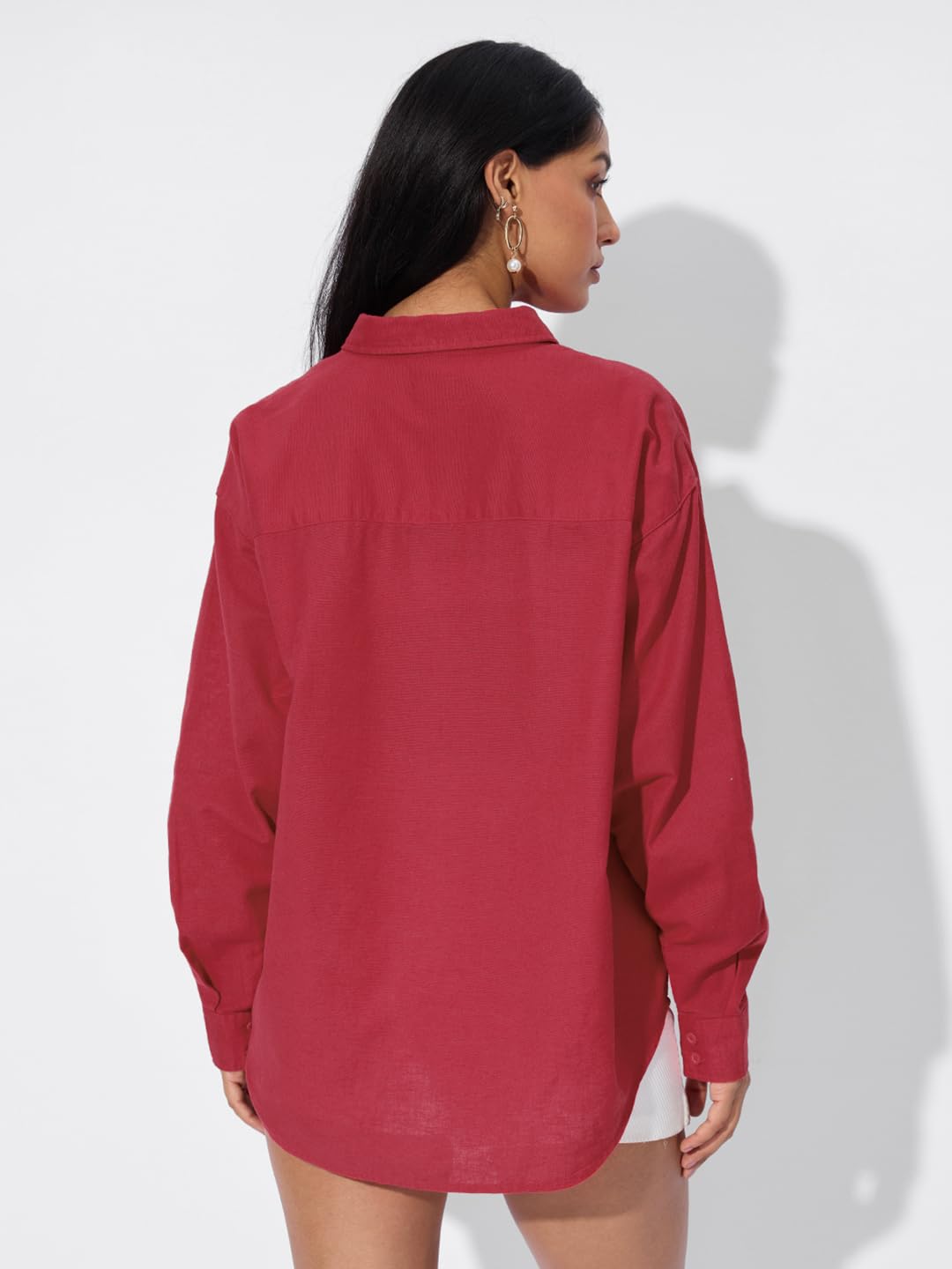 The Souled Store Cotton Linen: Red Women and Girls Long Sleeves Collared Neck Button Front Solid Cotton Linen Boyfriend Shirts