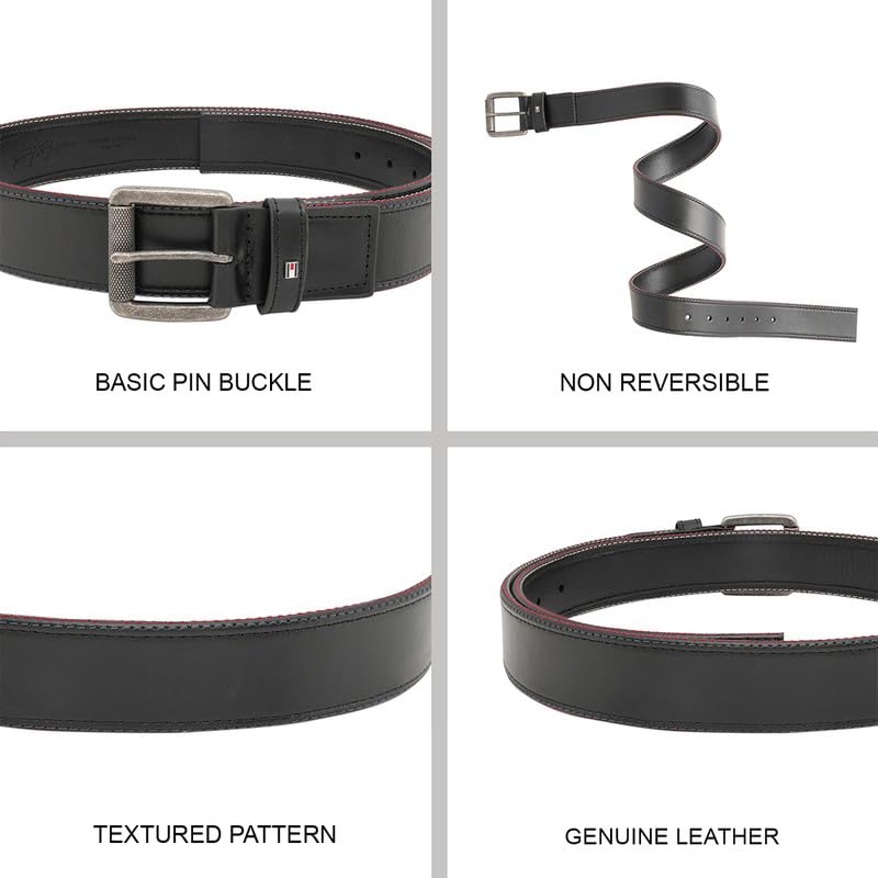 Tommy Hilfiger Men's Leather Belt Appleby - Black | Textured Black Finish | Rwb Detail | Leather Belt For Any Occasion | Size - L (100Cm)