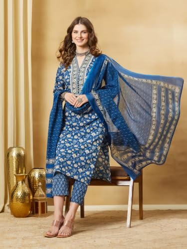 Divena Blue Floral Cotton Kurta Sets With Dupatta