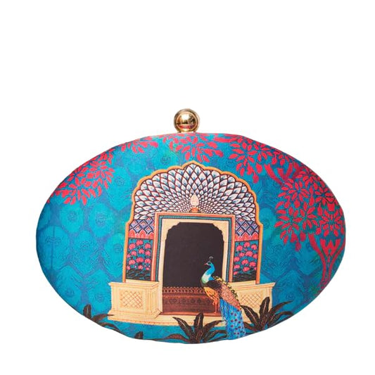 Artklim Peacock Printed Oval Clutch