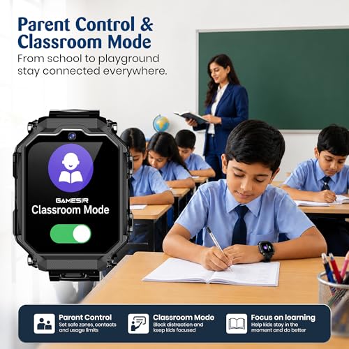 GameSir Kids Smart Watch with Dual Camara, 360° Rotating Design, HD Display, Video Calling, Chat, Rechargeable Battery & Adjustable Strap, Transparent Body for Boys & Girls - (Black)