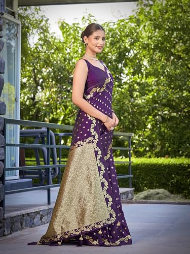 MANOHARI Women's Most Trendy Banarasi Satin Silk Woven Dark Purple Saree With Heavy Jacquard Work Saree With Blouse Piece_MN2061