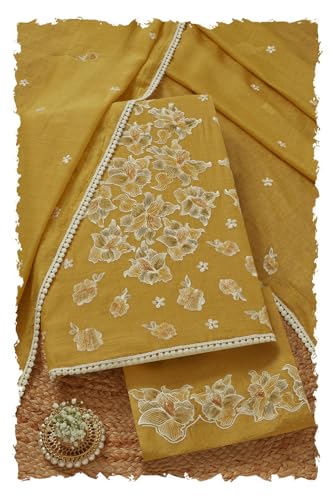 Soch Womens Mustard Mul Chanderi Embroidered Unstitch Dress Material With Thread Work