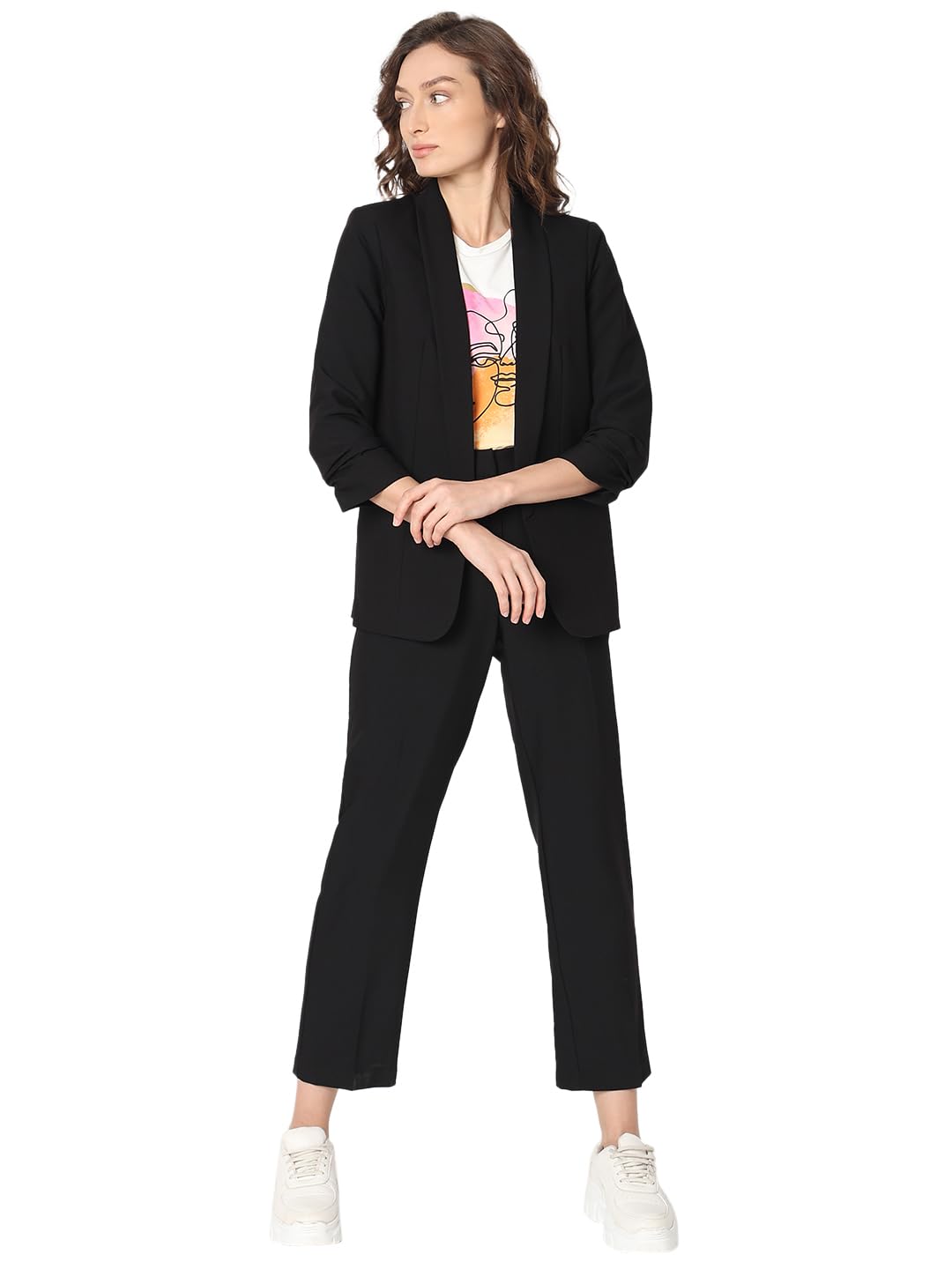 VERO MODA Women Solid Black Relaxed Fit Single Breasted Blazer