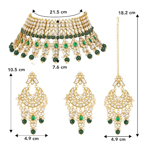 Peora Gold Plated Green Kundan Choker Necklace Earrings Maang Tikka Jewellery Set for Women