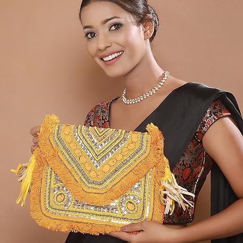 BAGUZZI Jute Coin Embellished Handmade Sling Bag for Women - Stylish, Trendy, Antique, Casual Crossbody Bag with Detachable Chain, Magnetic Closure,Mustard