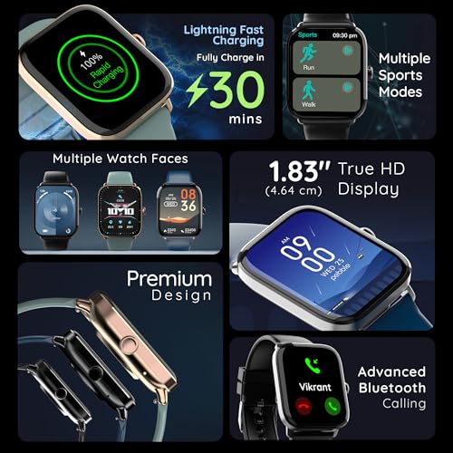 Pebble Ultra Rapid 1.83" HD Display. India's First Fastest Charging, Premium Metal Built, Unisex Design Smartwatch (Jet Black)