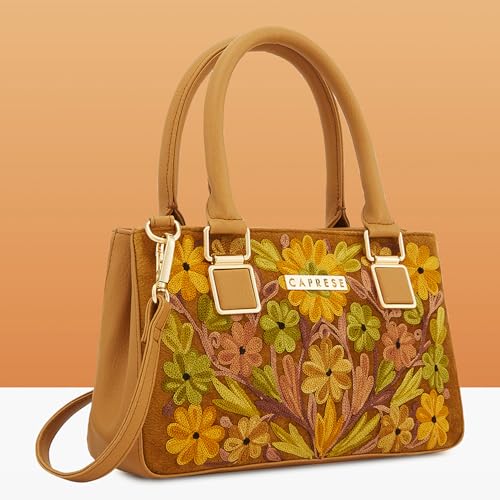 Caprese Siji Tresna Medium Satchel Bag for Women with Adjustable & Detachable Strap | Kashida Embroidery Shoulder Bag | Crossbody & Handheld Bag for Work, Travel, and Everyday Use (Brown)