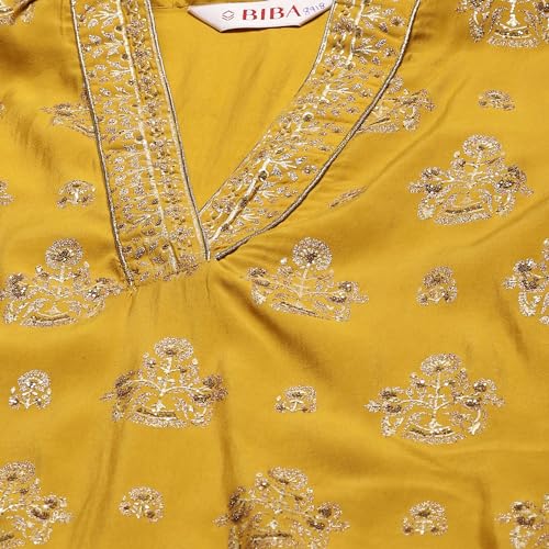 BIBA Women Printed Silk Suit Set (Yellow)