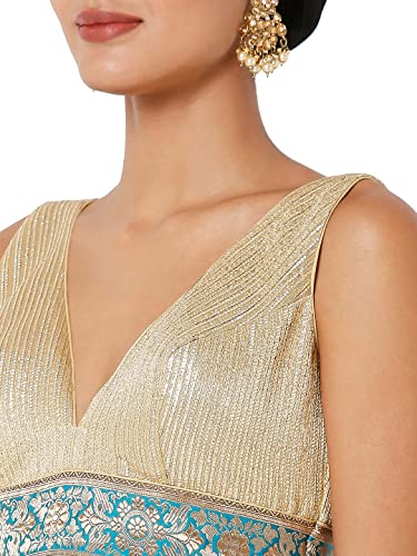 S SALWAR STUDIO Women's Gold & Blue Banarasi Self Design Readymade Saree Blouse-SSB4170-GOLD