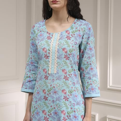 Biba Women Turquoise Chanderi Handloom Unstitched Suit Set FREE SIZE